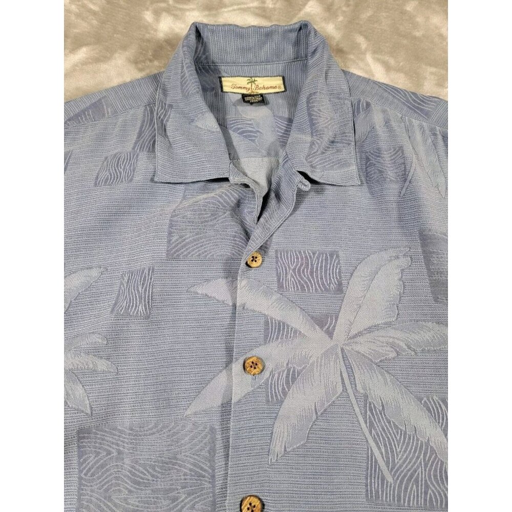Tommy Bahama Blue Palm Tree 100% Silk Button Hawaiian Camp Shirt Size Medium